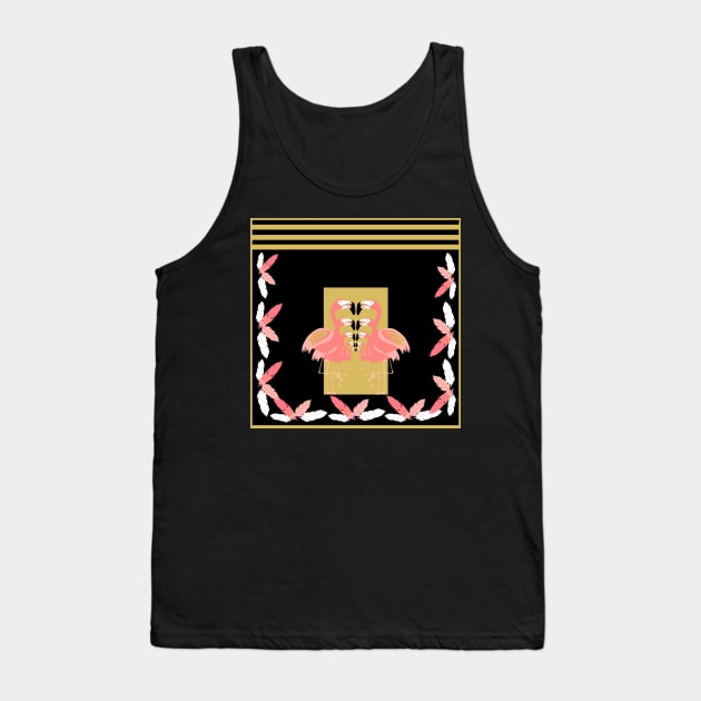 Black and Pink Art Deco Flamingos with a Golden Color Tank Top by ElsewhereArt